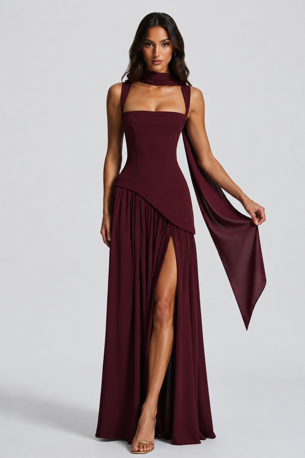 Yasmin Draped Satin Feel Maxi Dress Sculpted Elegant Silhouette
