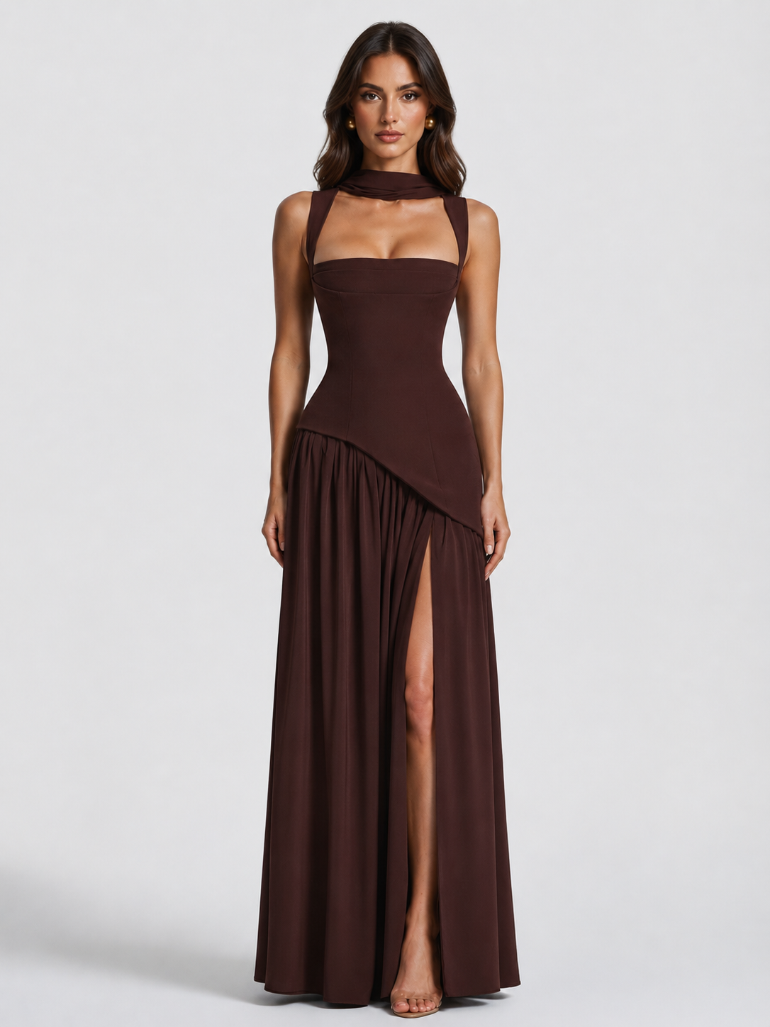 Yasmin Draped Satin Feel Maxi Dress Sculpted Elegant Silhouette