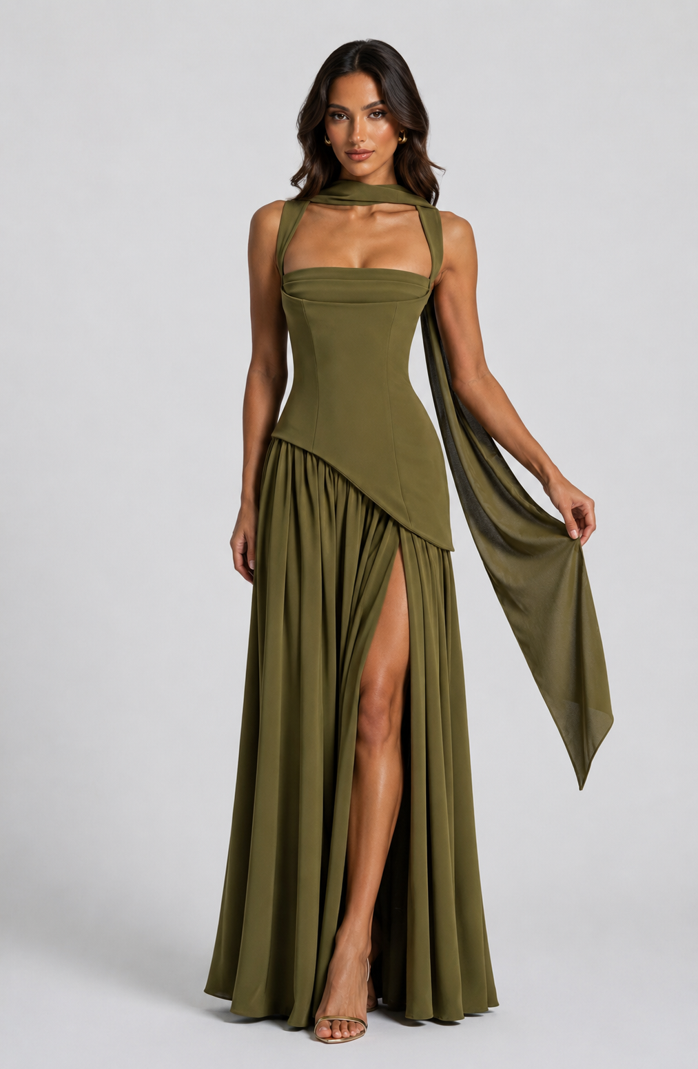 Yasmin Draped Satin Feel Maxi Dress Sculpted Elegant Silhouette