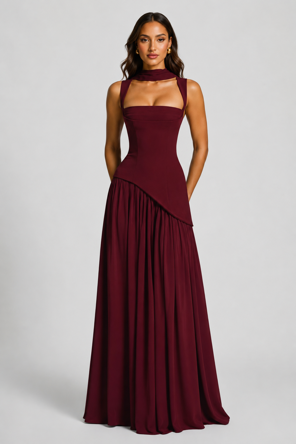 Yasmin Draped Satin Feel Maxi Dress Sculpted Elegant Silhouette