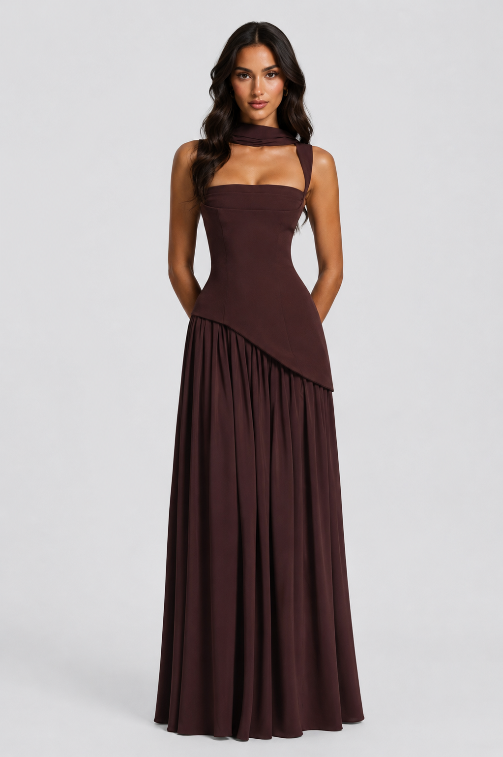 Yasmin Draped Satin Feel Maxi Dress Sculpted Elegant Silhouette