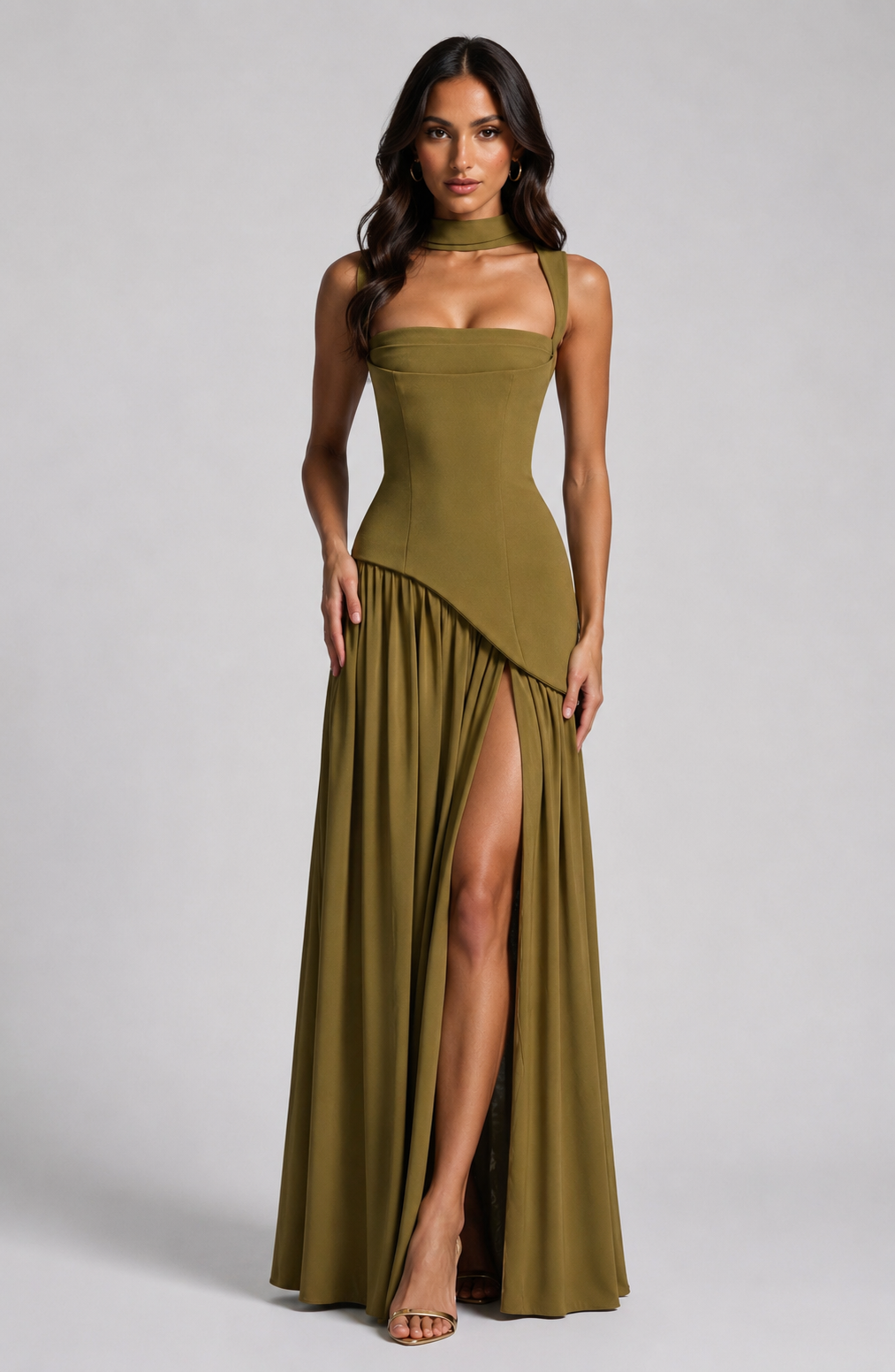 Yasmin Draped Satin Feel Maxi Dress Sculpted Elegant Silhouette